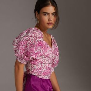 Anthropologie | Pink Floral Puff Sleeve Tie Back Printed Cropped Top